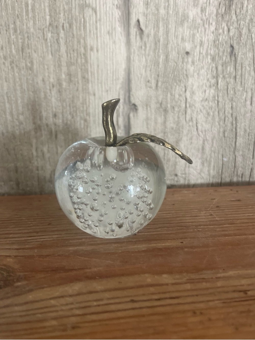 Vintage Bubble Glass Apple Paperweight with Brass Stem